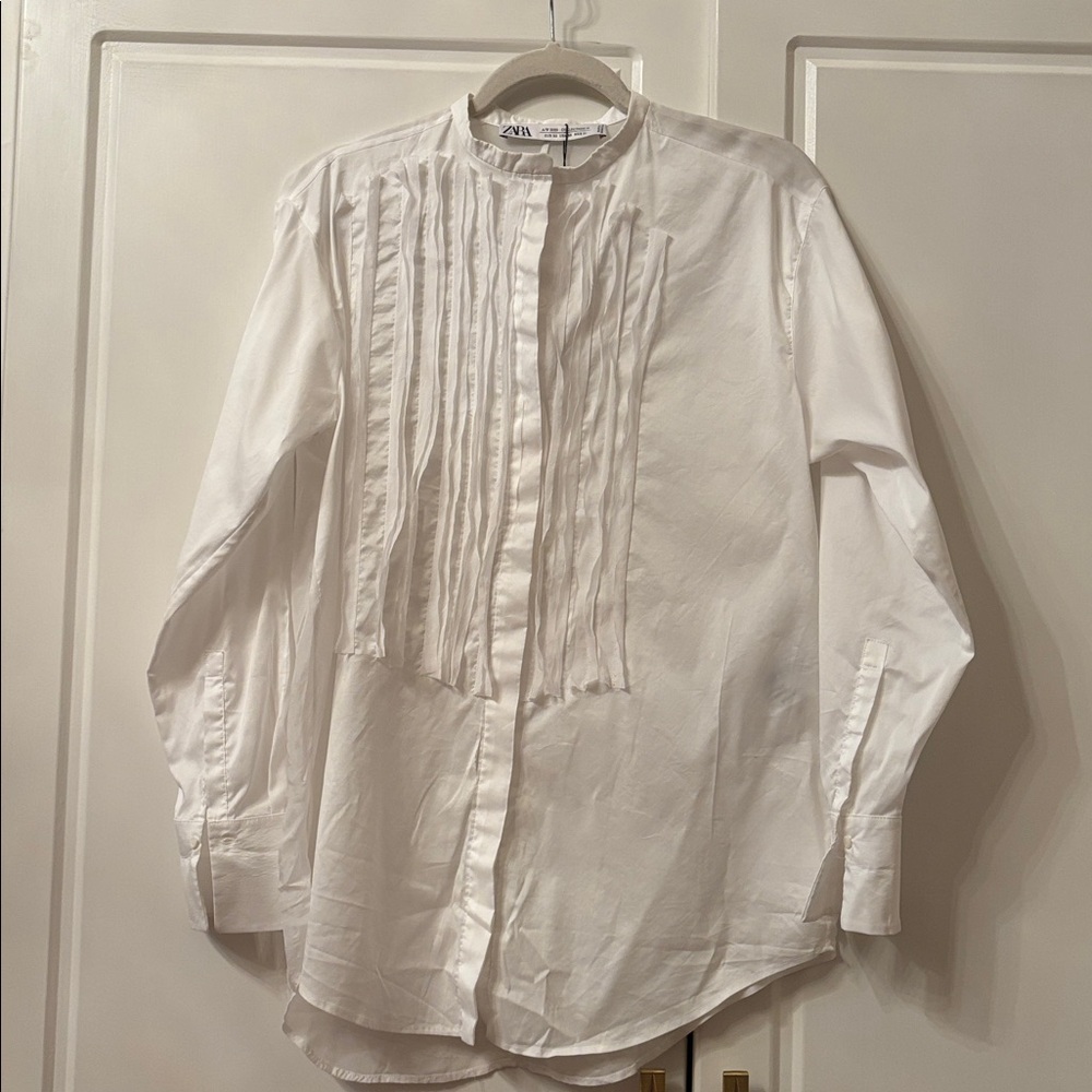 Zara Collection cotton blend white tuxedo button down stand collar shirt sz.XS